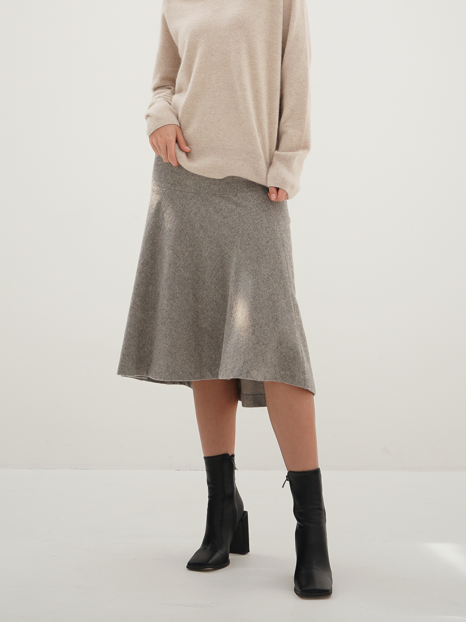 Herringbone Flared Skirt_Grey